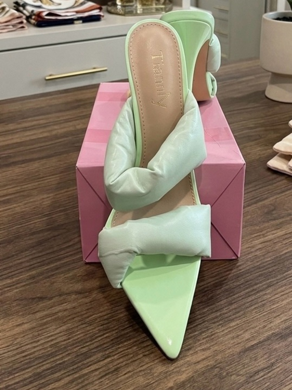 Mint Green Puffy Strap Mule Heels Pointed Toe High Heel Sandals Size 9